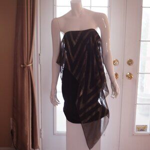 Le Chateau strapless dress asymmetric Draped with gold chevron pattern